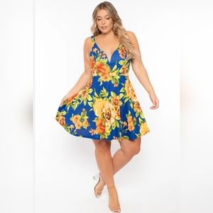 NEW NWOT CurvySense Plus Size Blue Marina Floral Flare Dress Size 3XL